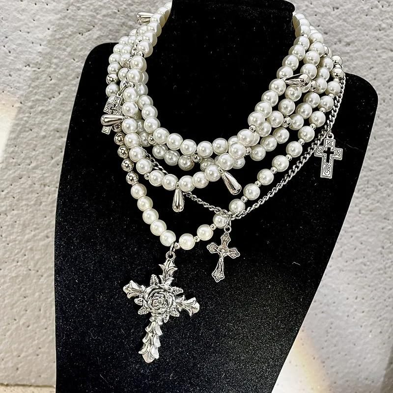 KURTCB Layered Pearl Necklace Gothic Cross Pearl Stacked Necklace for Women - Image 2